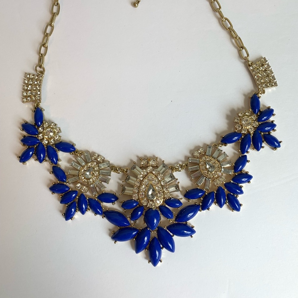 Gold Cobalt Blue Rhinestone Statement Necklace - image 3
